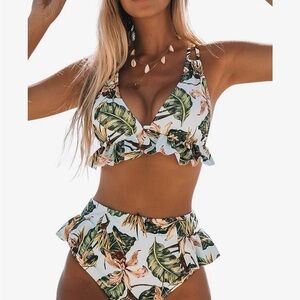 Leaf-Print Ruffle High-Waist Bikini Set - White/Green